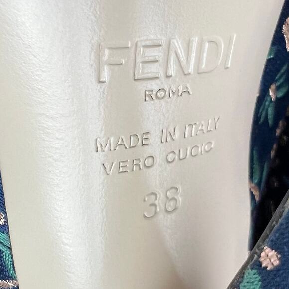 FENDI FFreedom 105mm Square Toe Ankle Boots EU 38 US 8 Floral Jacquard Navy Gold - Picture 9 of 13